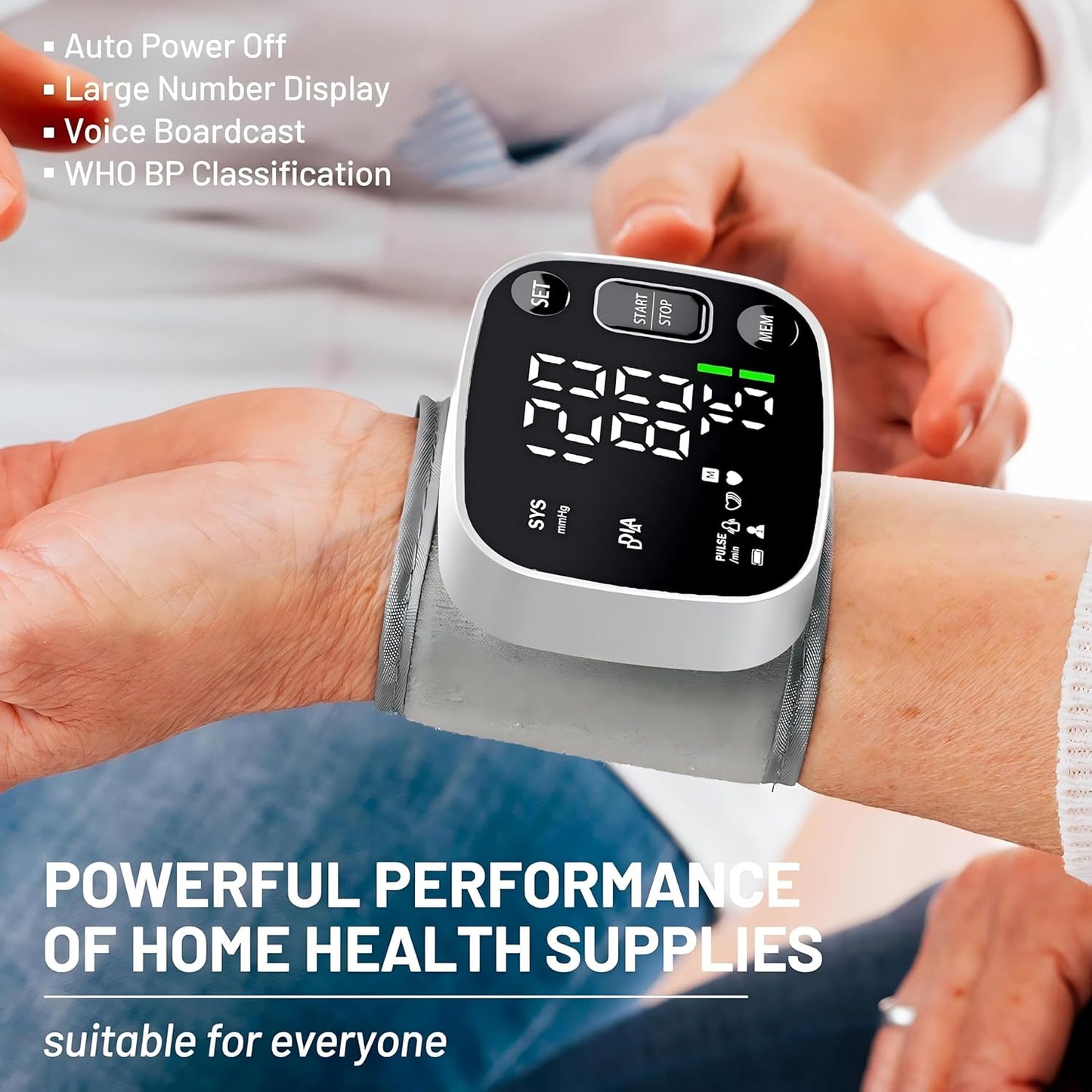 Skorter | Oklar Blood Pressure Monitors for Home Use Rechargeable Wrist Digital BP Machine Cuff with LED Backlit Screen, Voice Broadcast, 240 Memory Storage for 2 Users with Carrying Handle