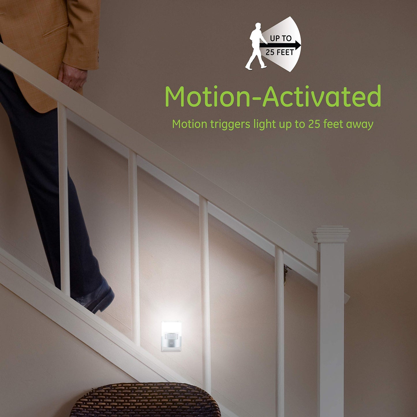 Skorter | Ge Led Motion Sensor Night Light, 40 Lumens, Soft White, Energy Efficient, 2 Pack, Silver