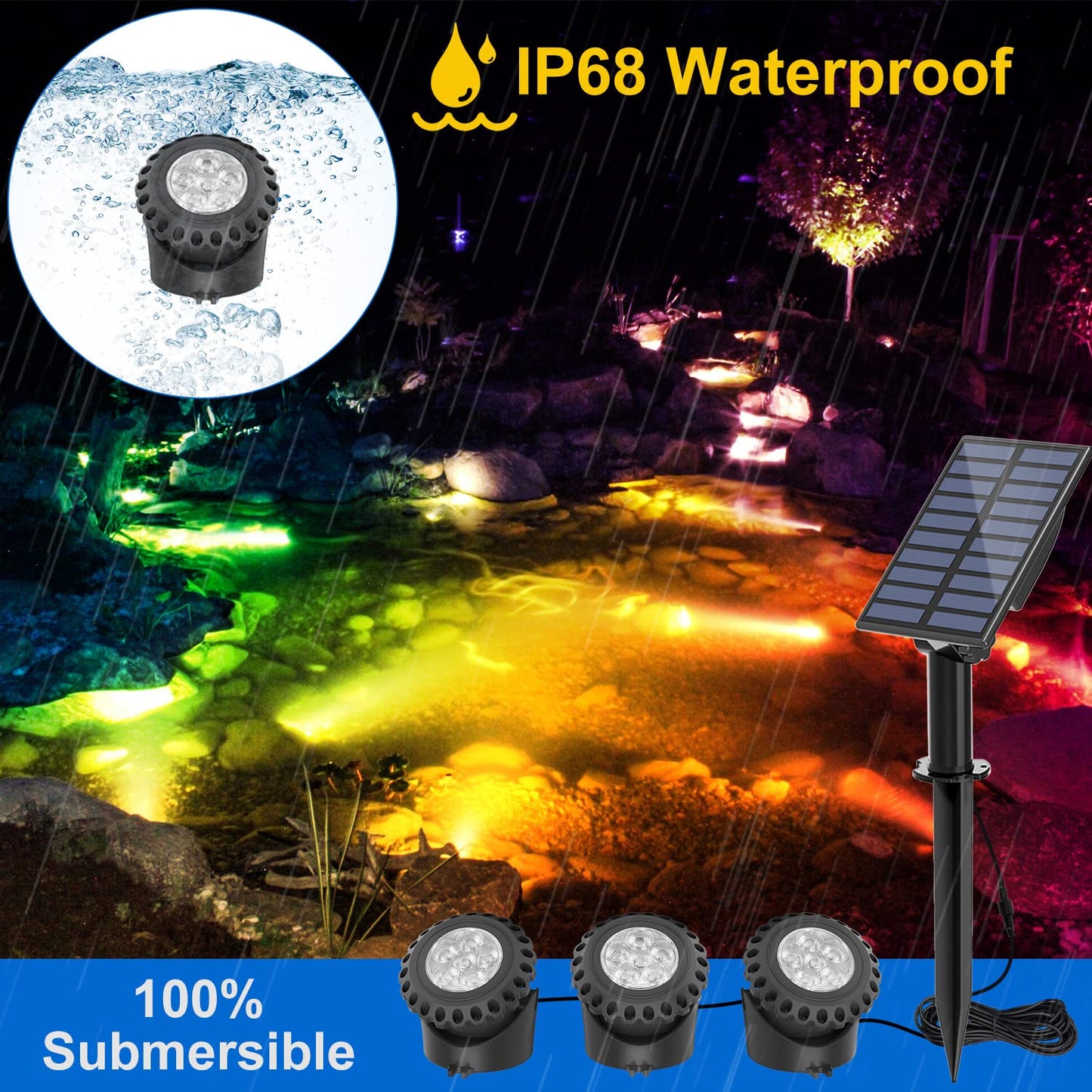 Skorter | T-Sun Sunlit Fountain Light - Rgb Color Changing Submersible Led For Pond, Aquarium & Garden