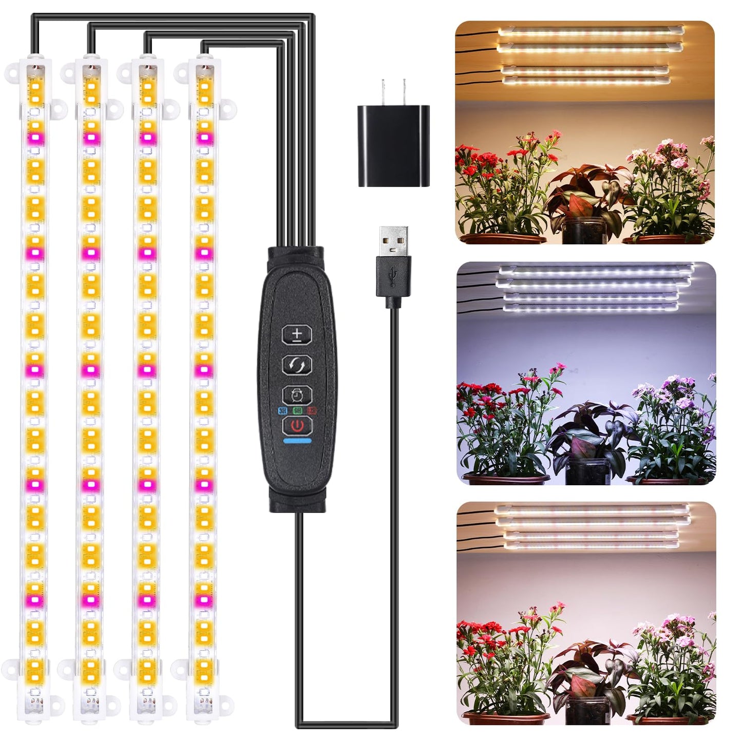 Skorter | Rwntao Fire Stripe Growth Lamp For Indoor Plants, Red & 3000K & 6000K Full Spectrum Led Growth Light Strips With Automatic On/Off 3/9/12H Timer, 10 Dimmable Levels For Greenhouse Succulent (13 Inches)