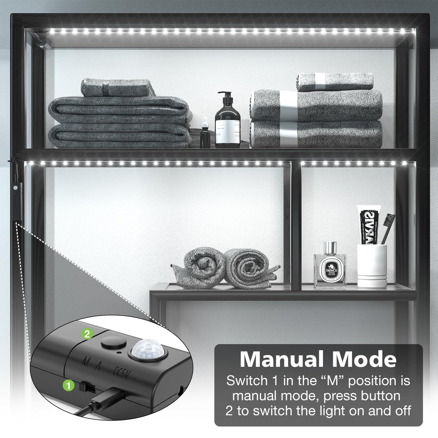 Skorter | Wobane Motion Sensor LED Strip Light 6.56 Ft, Rechargeable, Battery Powered, 6000K White, Black