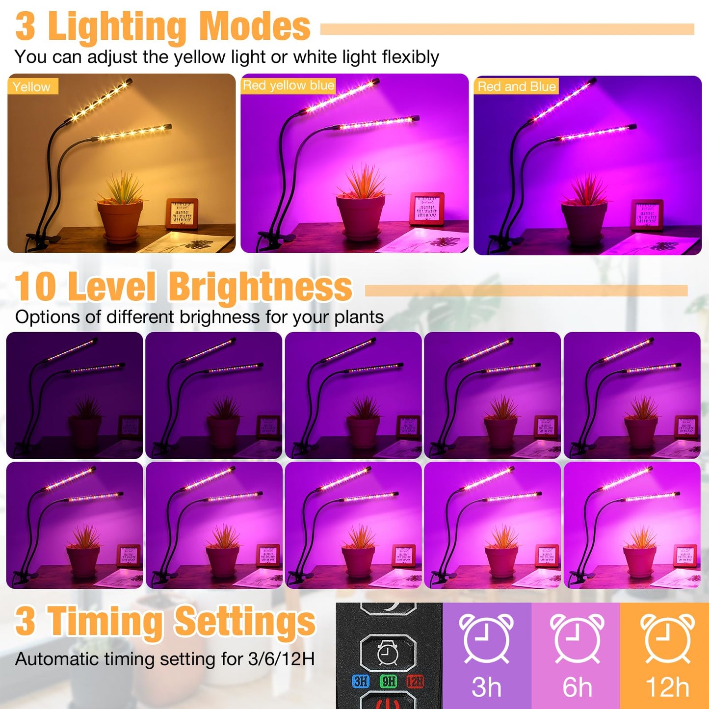 Skorter | Zyzykeji LED Grow Light 2-Pack, Full Spectrum Plant Lighting With Clamp, 10-Level Dimmable, Auto Timer