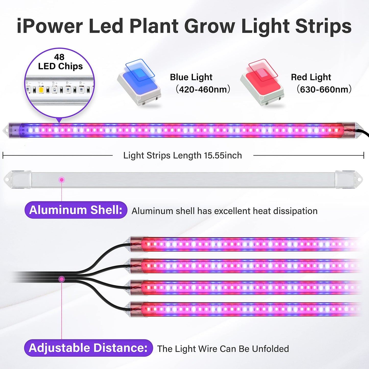 Skorter | Ipower 20W Led Grow Light Strips - Full Spectrum, Automatic Timer, 4 Tubes For Hydroponics & Succulent Plant