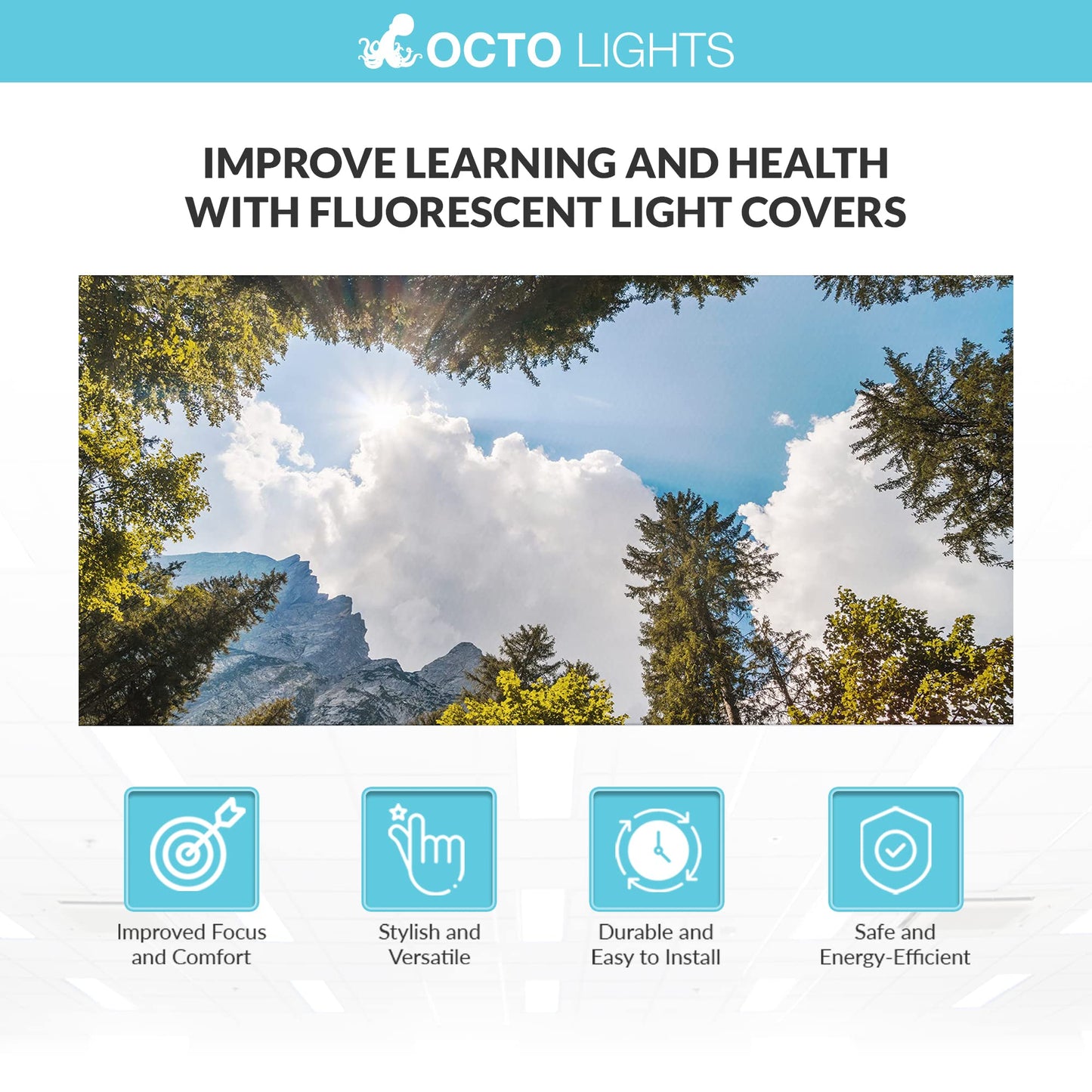 Skorter | Octo Light Fluorescent Light Covers - 2X4 Wood Mountain Sky - Focusing & Headache Relief