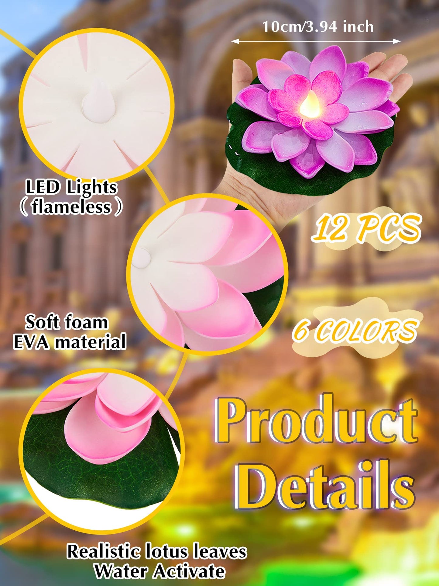 Skorter | Hortsun 12 Pcs Led Floating Pool Lights - Lotus Lanterns, Multicolor, 3.94 Inches, Battery Powered