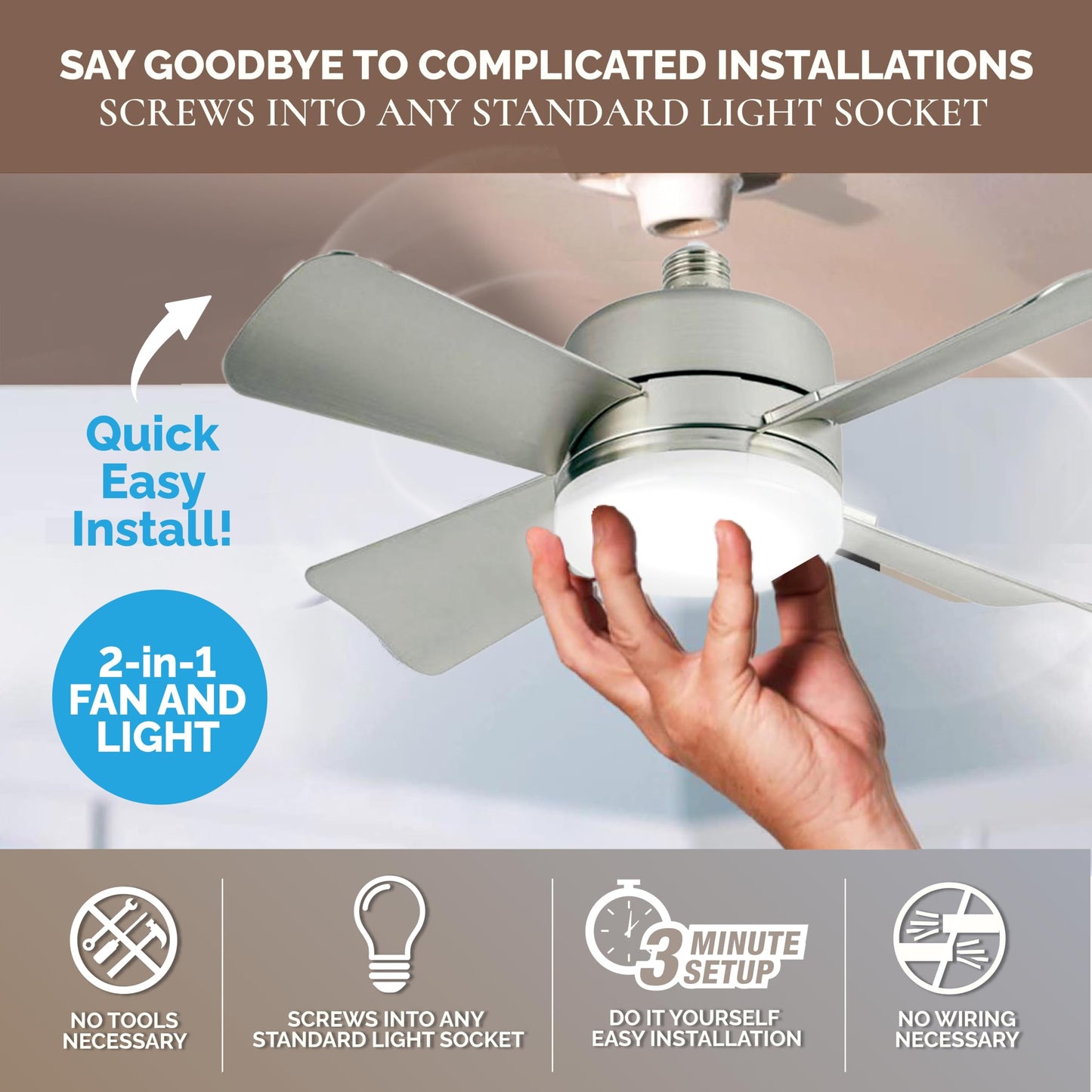 Skorter | Bell+Howell Cool Light Deluxe Silver Socket Fan – Led Ceiling Fan With Remote Control, 1000 Lumens