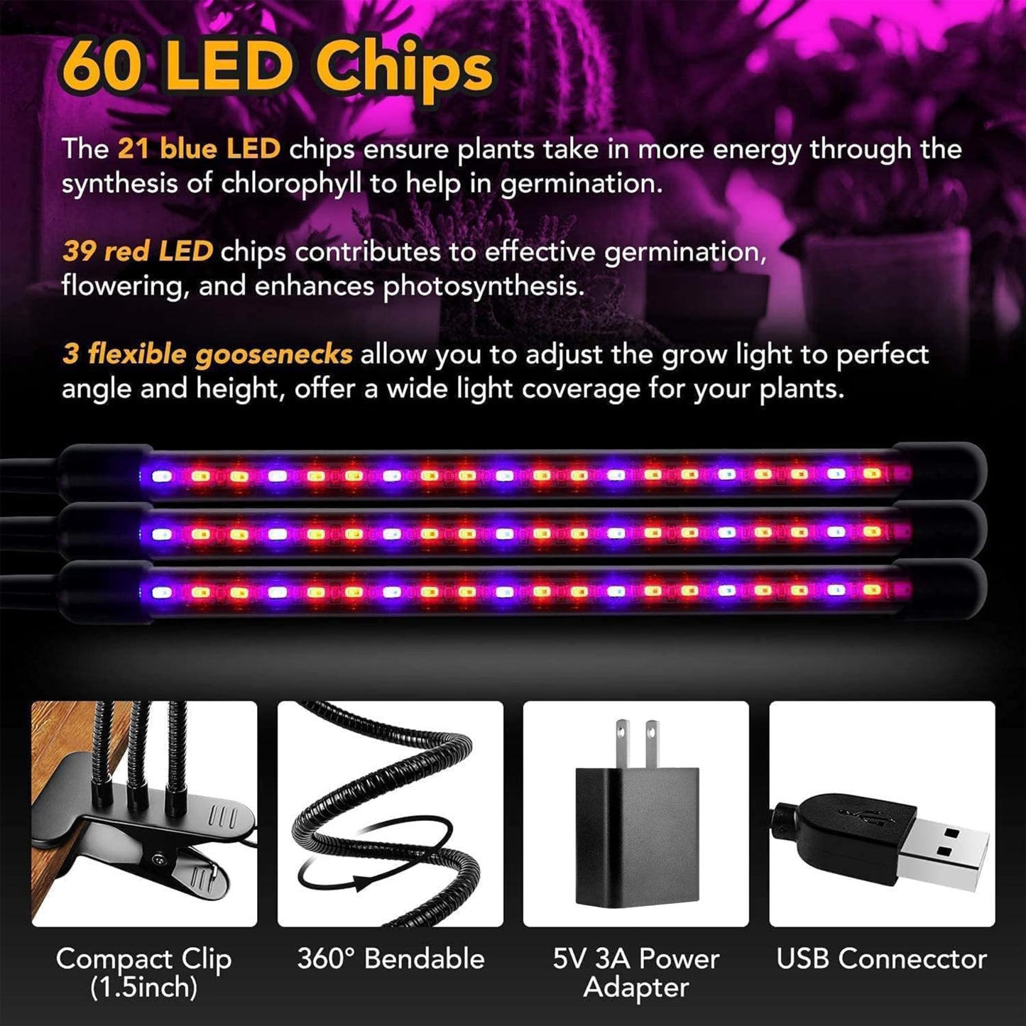 Skorter | Ipower 60 Led Grow Light - Full Spectrum, 3 Tubes, Adjustable Goose Neck Mount, 10 Dimmable Levels