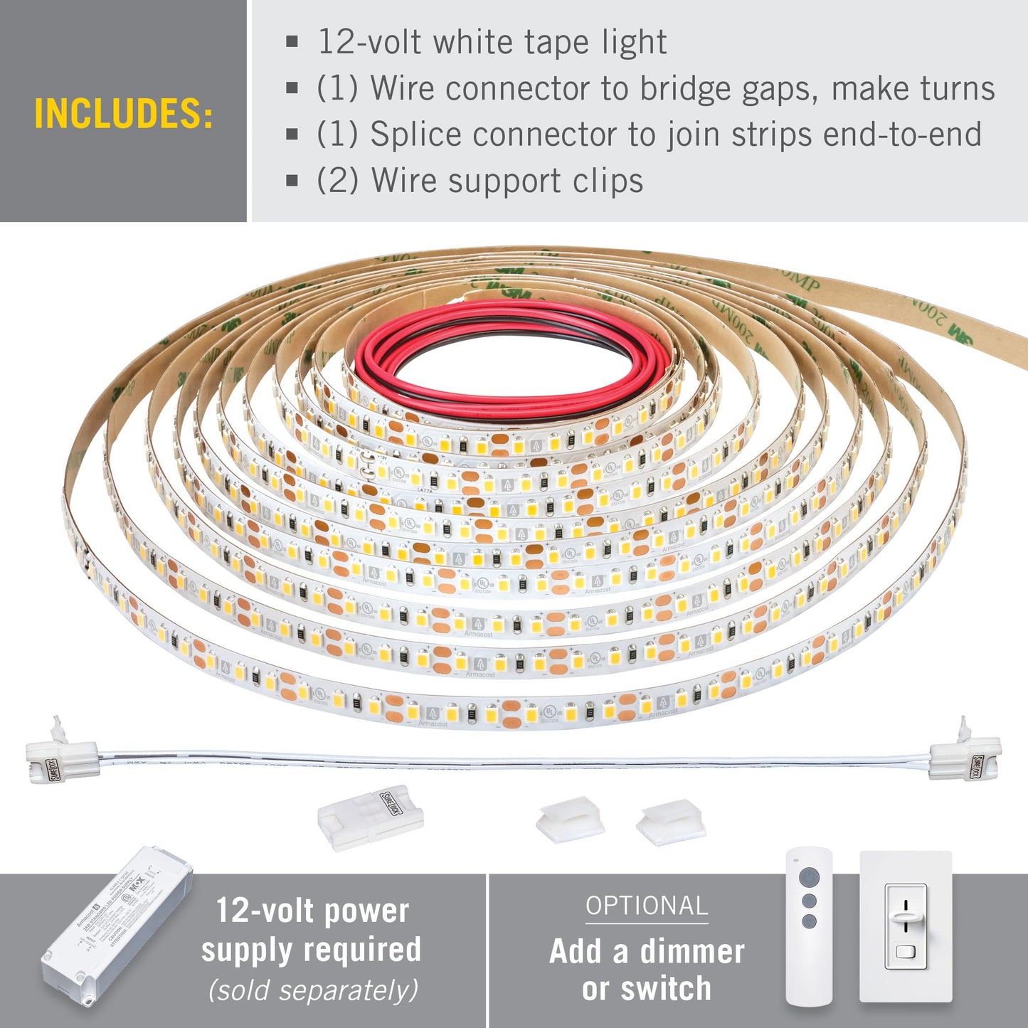 Skorter | Armacost Lighting 8.2 Foot White LED Tape Light, 120 LEDs/Meter, 2700K Warm White, Copper
