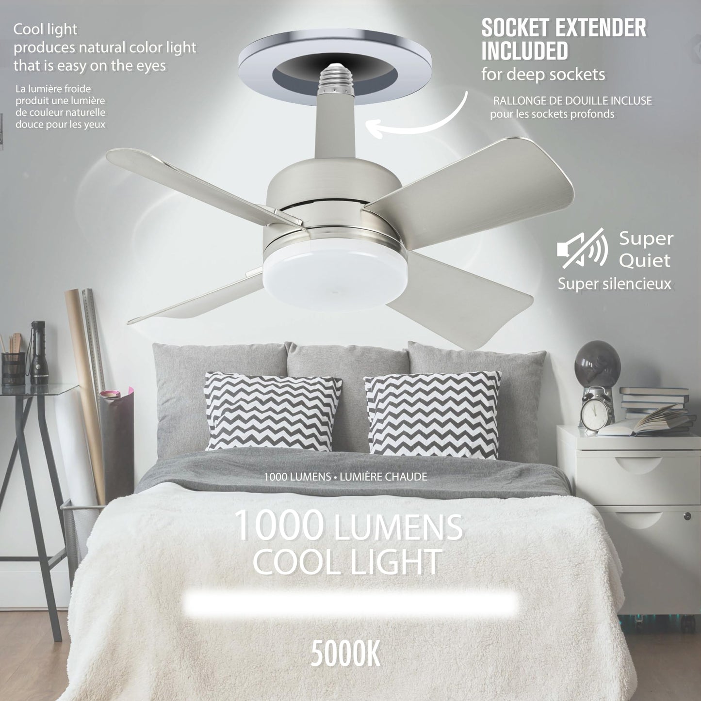 Skorter | Bell+Howell Cool Light Deluxe Silver Socket Fan – Led Ceiling Fan With Remote Control, 1000 Lumens