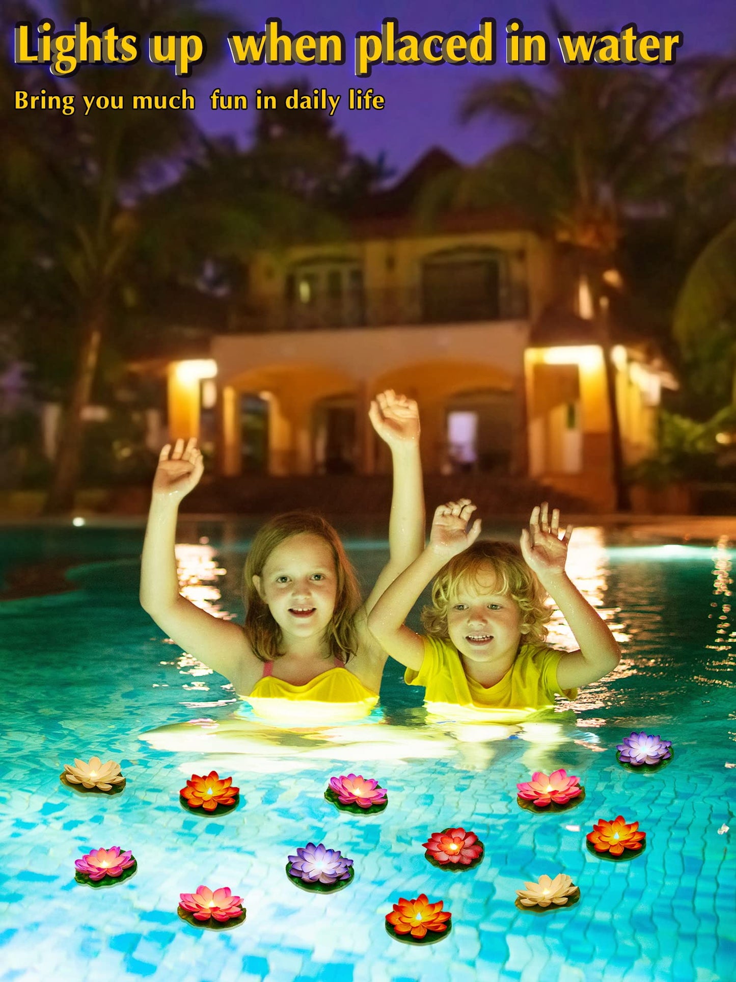 Skorter | Hortsun 12 Pcs Led Floating Pool Lights - Lotus Lanterns, Multicolor, 3.94 Inches, Battery Powered