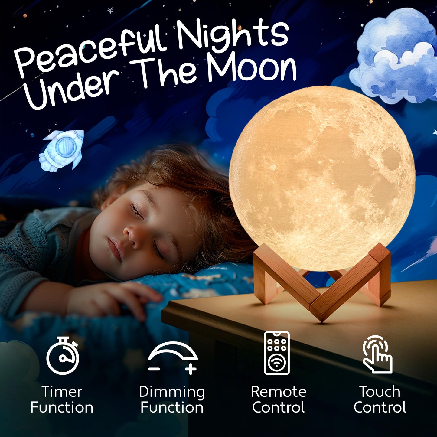 Skorter | Mind-Glowing 3D Moon Lamp - Multi Color LED Night Light For Kids, Touch/Remote Control, 5.9"