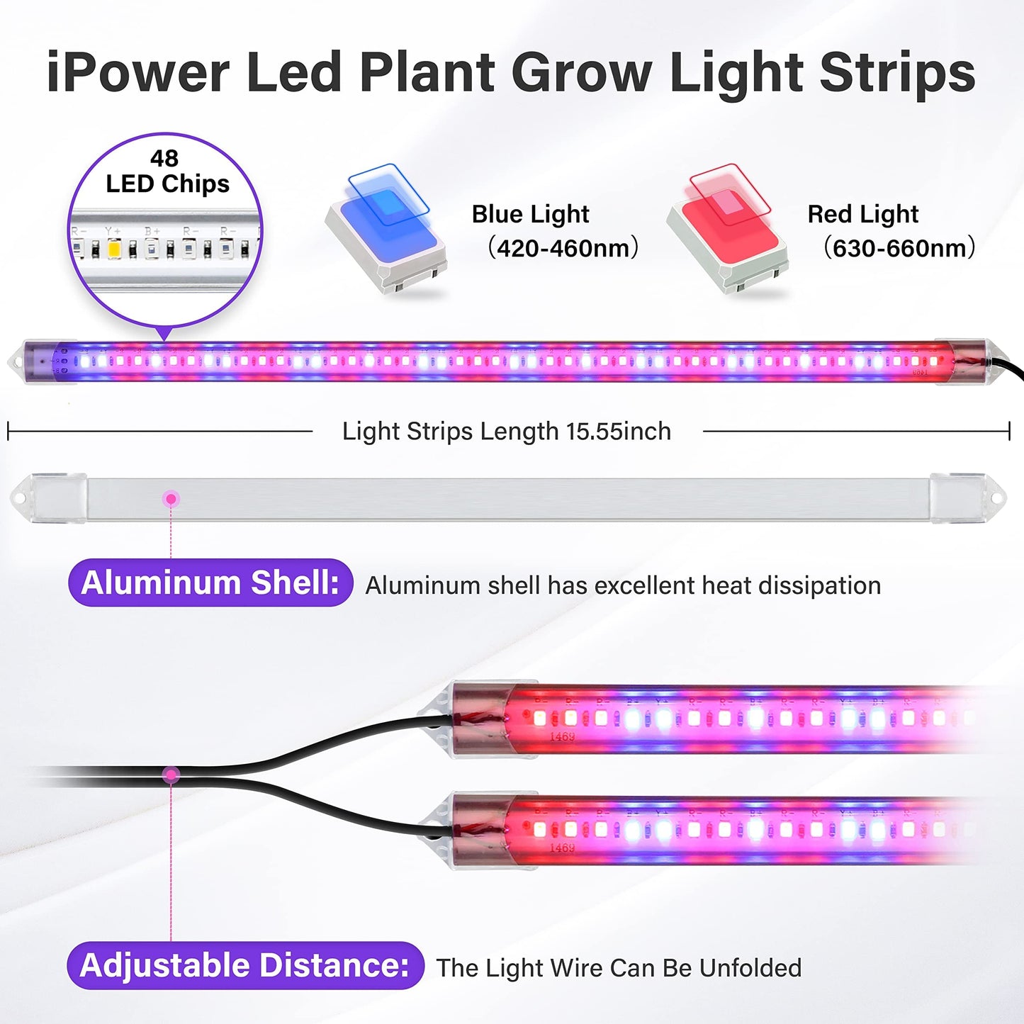 Skorter | Ipower 20W Led Grow Light Strips, Full Spectrum, 2 Tubes With Timer & Dimmable Levels, Red/