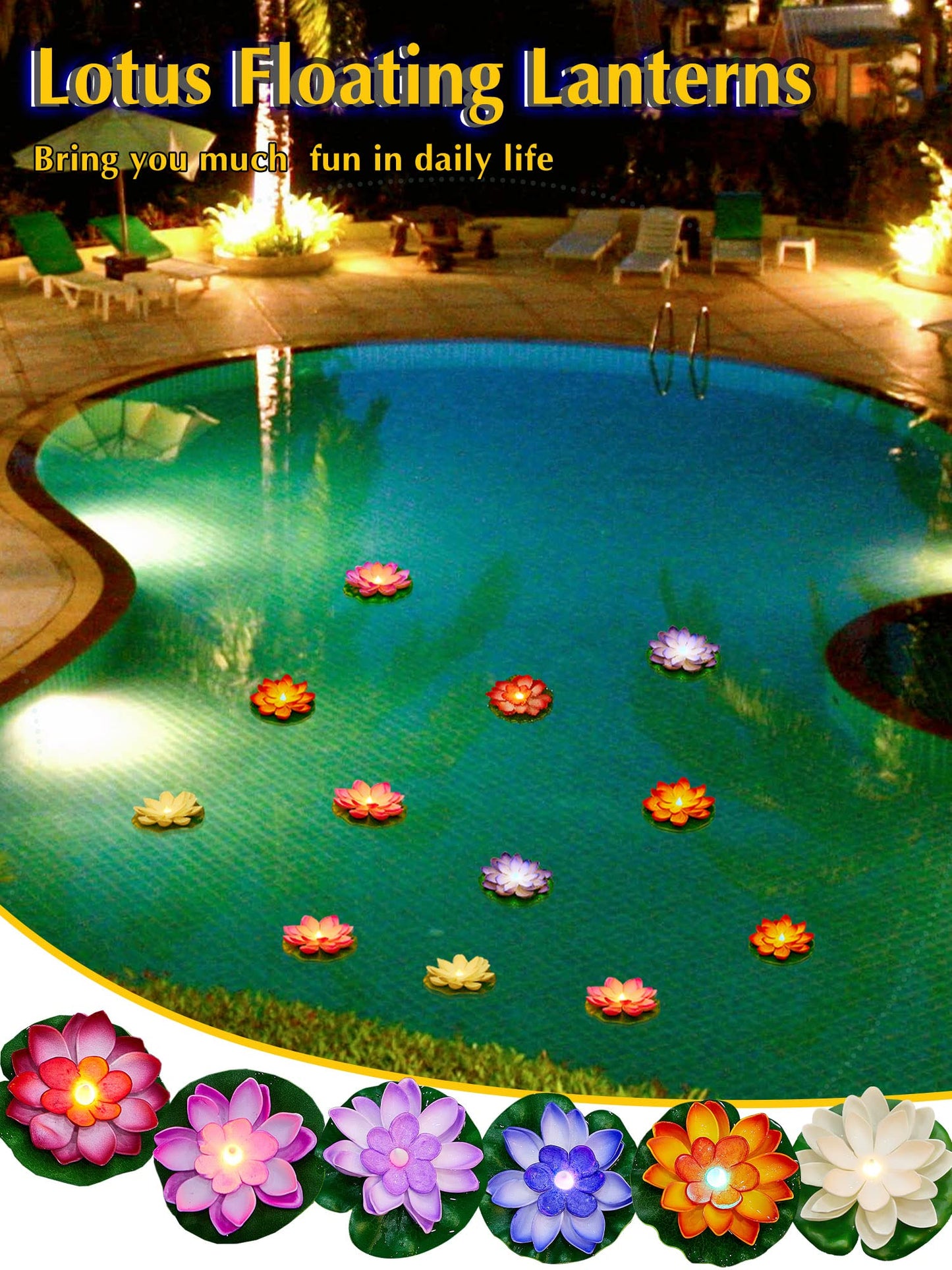Skorter | Hortsun 12 Pcs Led Lotus Floating Pool Light - Multicolored Lily Pad Lanterns, 5.91 Inches