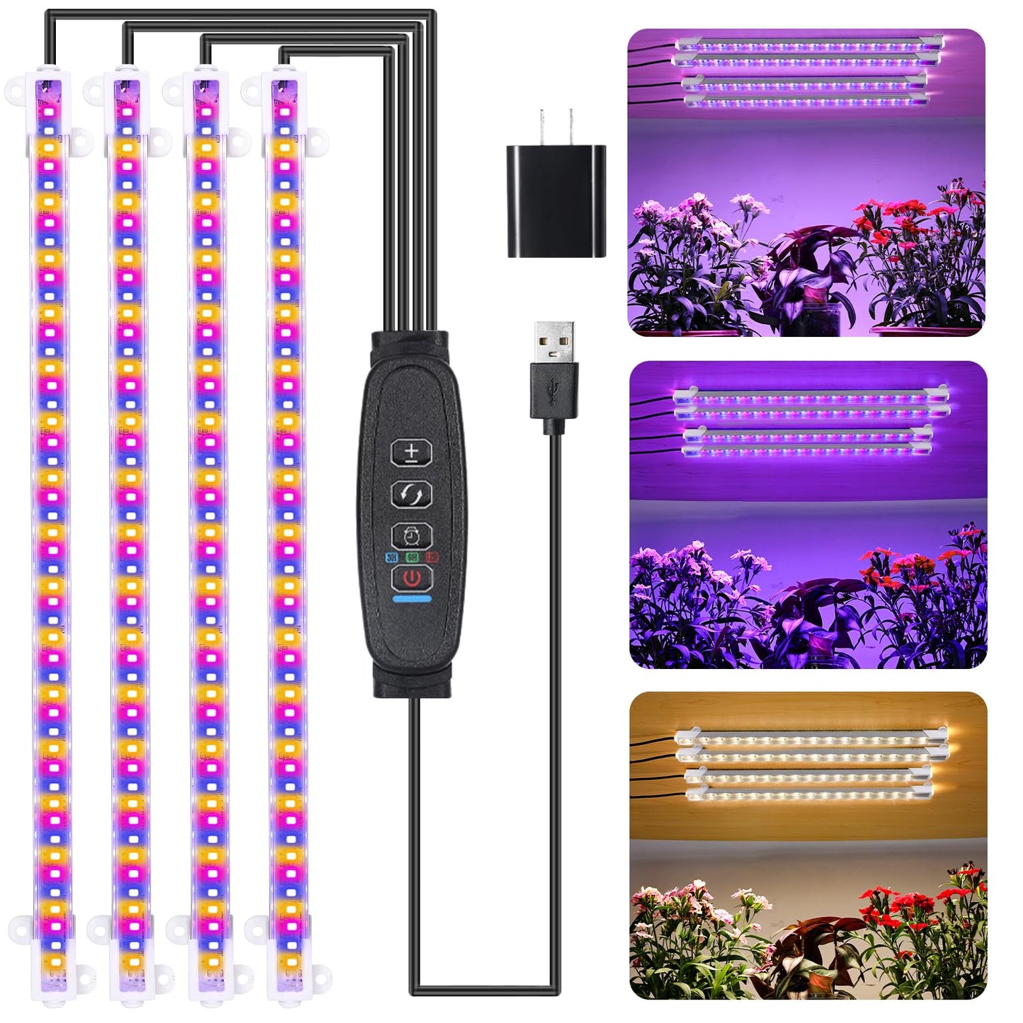 Skorter | Rwntao Fire Strip Grow Light For Indoor Plants, Red & Blue & Yellow Full Spectrum Led Grow Light Strips With Auto On/Off 3/9/12H Timer, 10 Dimmable Levels For Greenhouse Succulent (13 In)