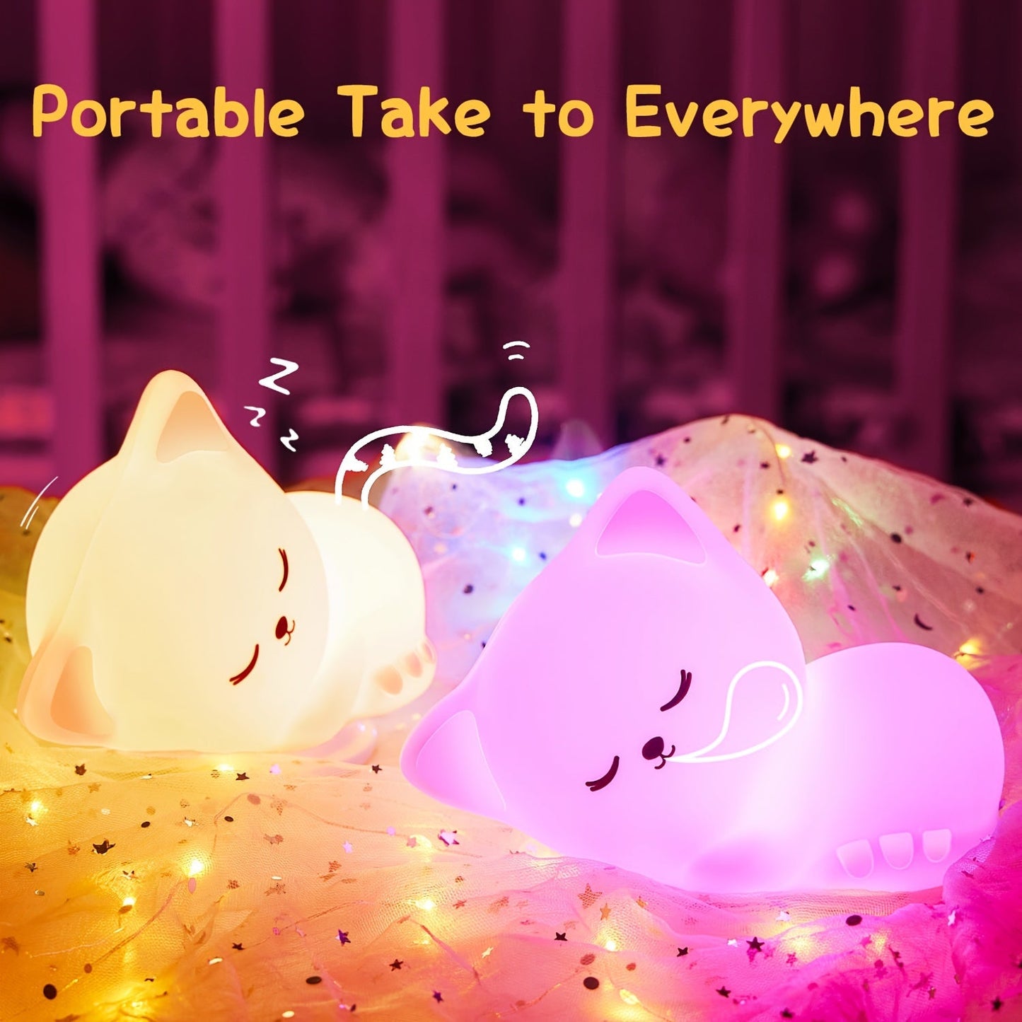 Skorter | KittyGlow - Cute Cat Night Light with Remote Control and USB Rechargeable Silicone Lamp