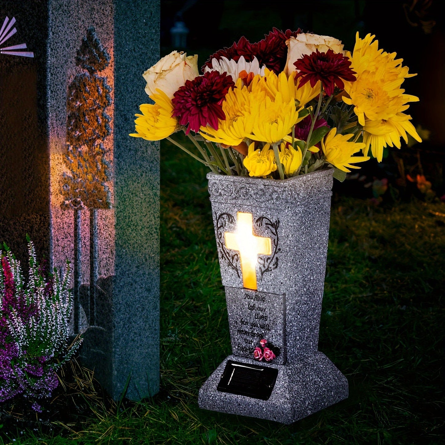 Skorter | Solar Powered LED Cemetery Vase with Detachable Spike – Rechargeable, Weather-Resistant Memorial Gravestone Decoration for Fresh or Artificial Flowers – Thoughtful Memorial Gift