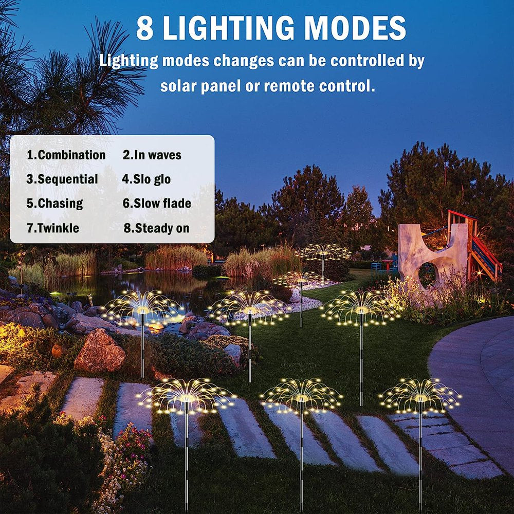 Skorter | Outdoor sunlight, Solar firework lights, 4 pack solar garden lights with 120 LED hedge star lights 8 modes patio fairy lights for pathway lawn backyard decoration (Warm white)