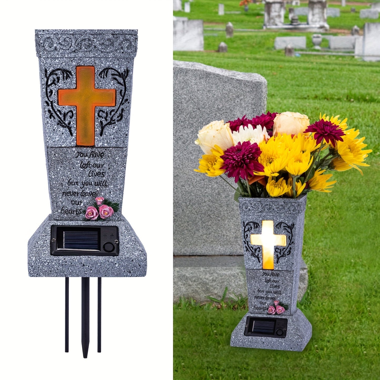 Skorter | Solar Powered LED Cemetery Vase with Detachable Spike – Rechargeable, Weather-Resistant Memorial Gravestone Decoration for Fresh or Artificial Flowers – Thoughtful Memorial Gift