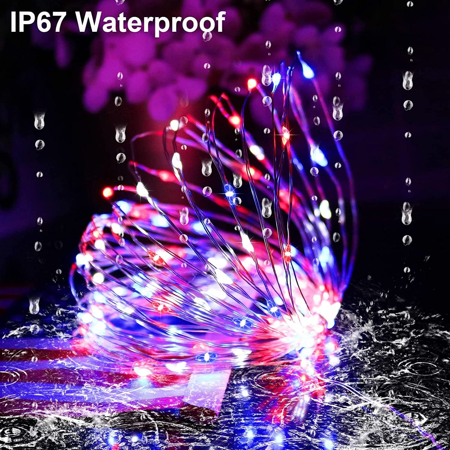 Skorter | July 4 patriotic decorations for home outdoor lights - Red White Blue solar string lights, 2 packs each 100LED 33ft