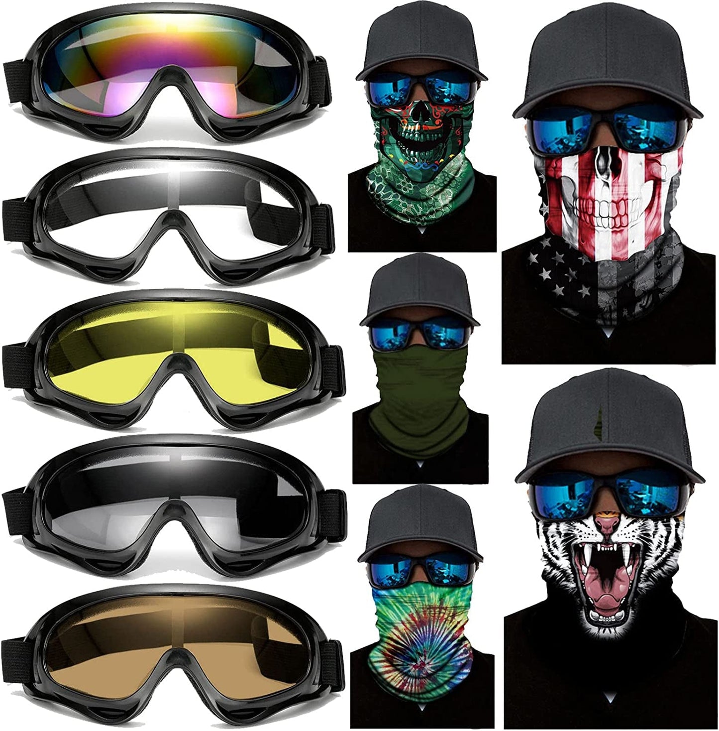 Skorter | 10 Packs Motorcycle Accessories, 5PCS Mountain Bike Ski Goggles Dustproof Windproof Safety Glasses and 5PCS Face Masks