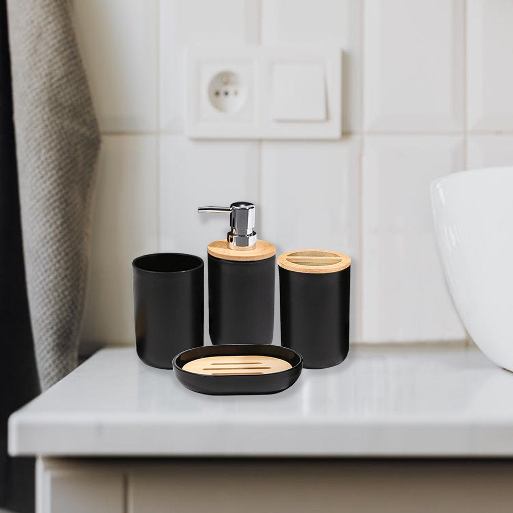 Skorter | 6 Piece Bath Set - Soap Dish Toothbrush Holder Rinsing Container Lotion Bottle Trash Can Toilet Brush - Practical Toilet Set for Home Laundry Room, Black