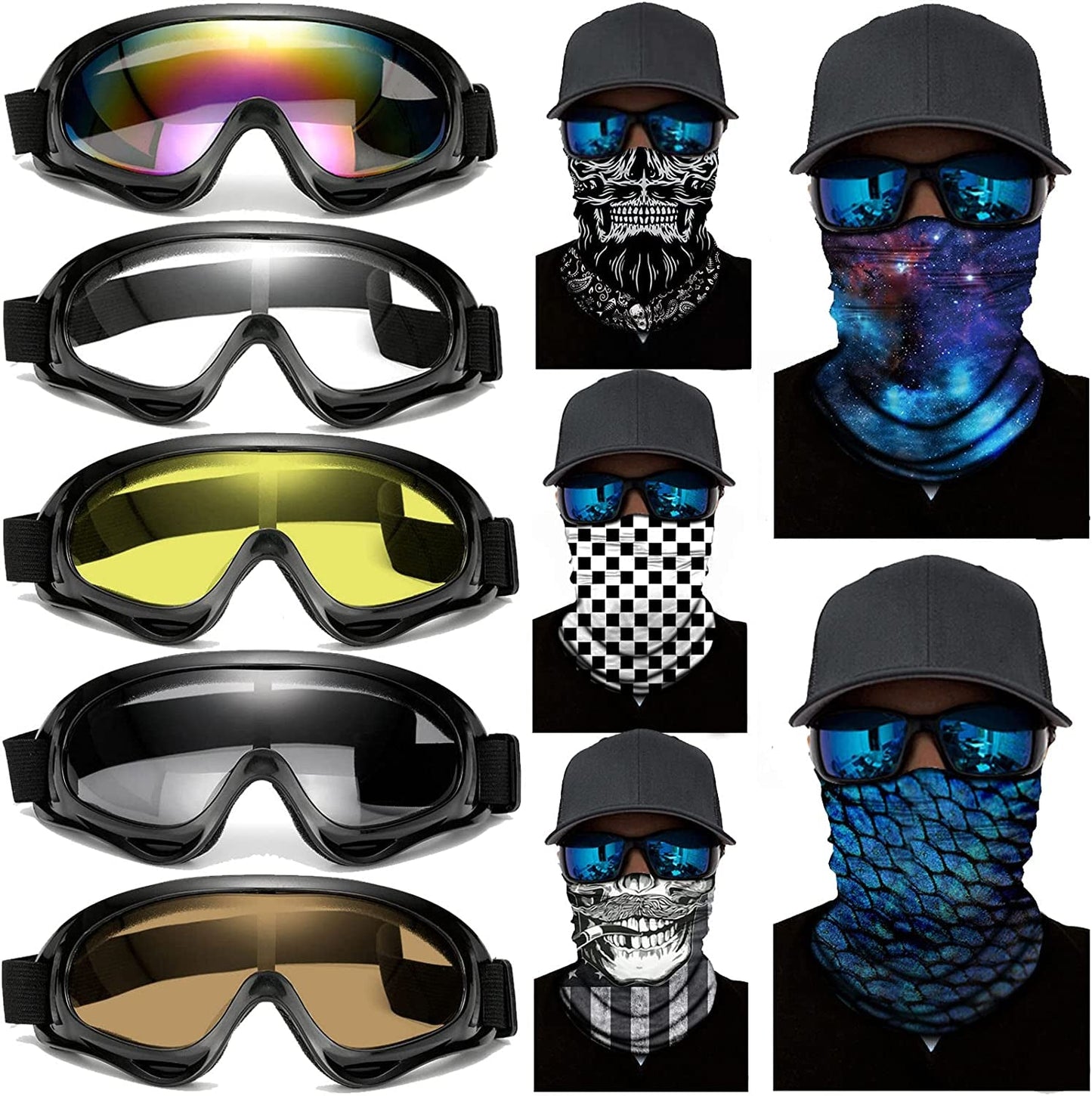 Skorter | 10 Packs Motorcycle Accessories, 5PCS Mountain Bike Ski Goggles Dustproof Windproof Safety Glasses and 5PCS Face Masks