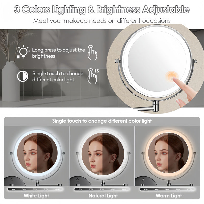 Skorter | Rechargeable Wall Mounted Shaving Mirror | 360° Rotation. 1X/10X Magnification & Adjustable LED Lighting for Bathroom Use