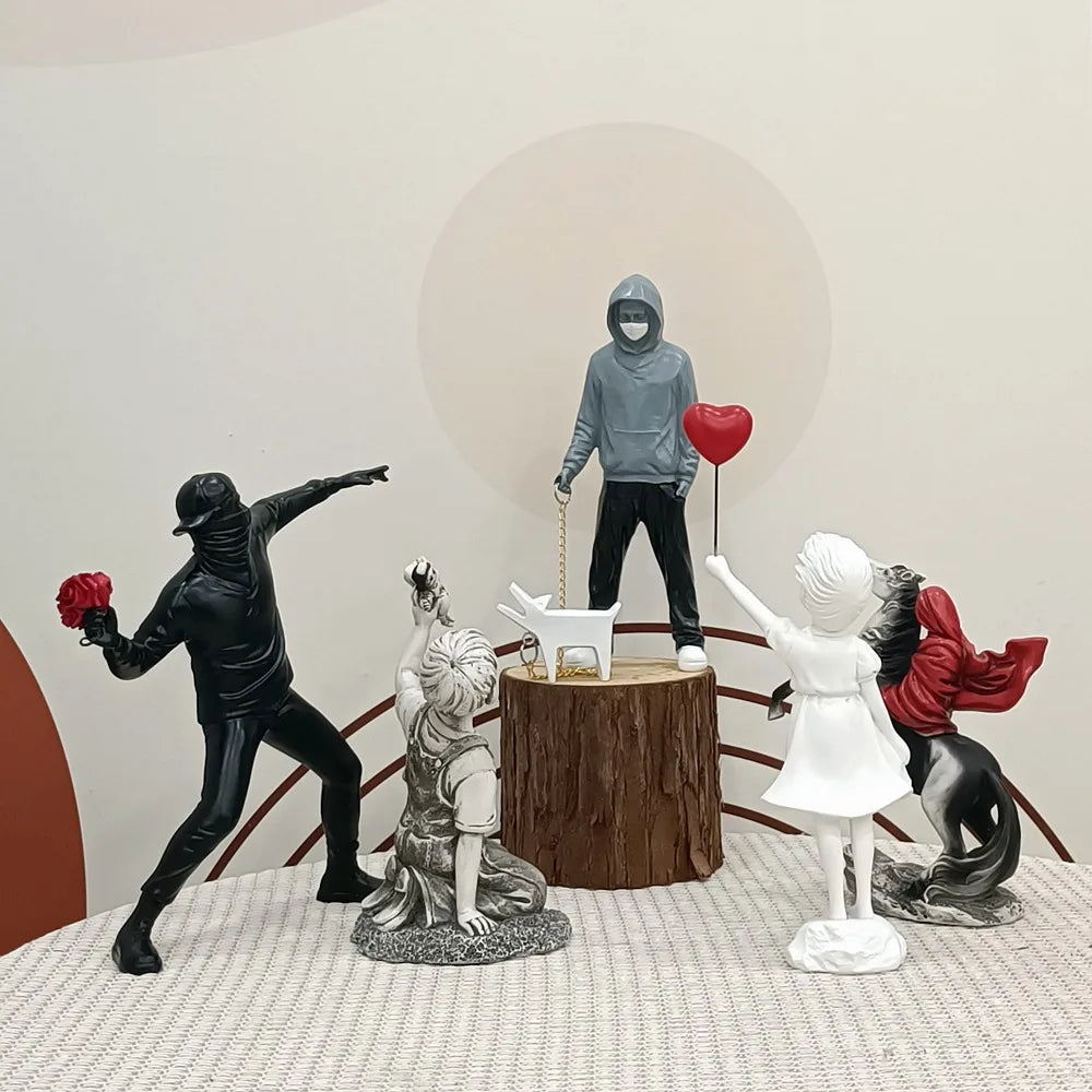 Skorter | Dropshipping Banksy Sculpture Collection Flower Thrower Statue Pop Art Modern Balloon Girl Figurine Office Home Decoration