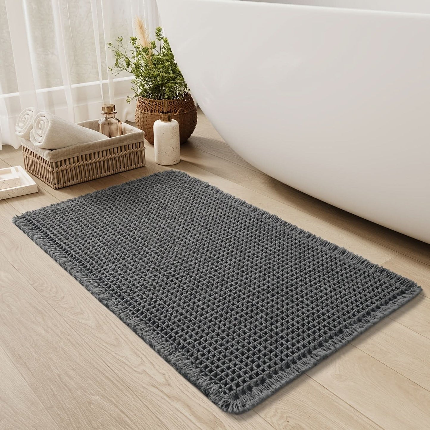 Skorter | AbsorbEase | Waffle Bath Mat with Fringes – Quick-Dry & Non-Slip