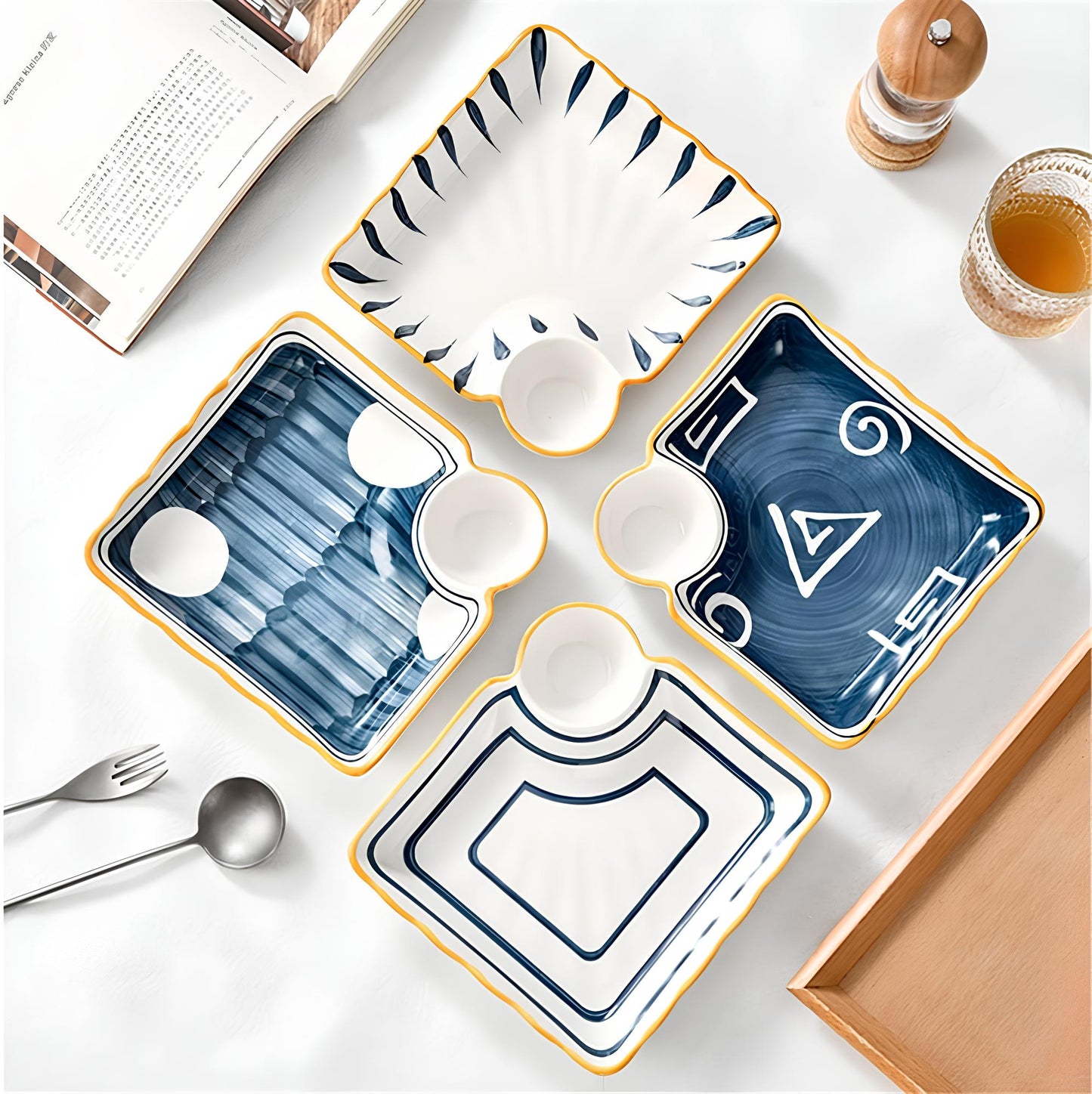 Skorter square plates with sauce bowl