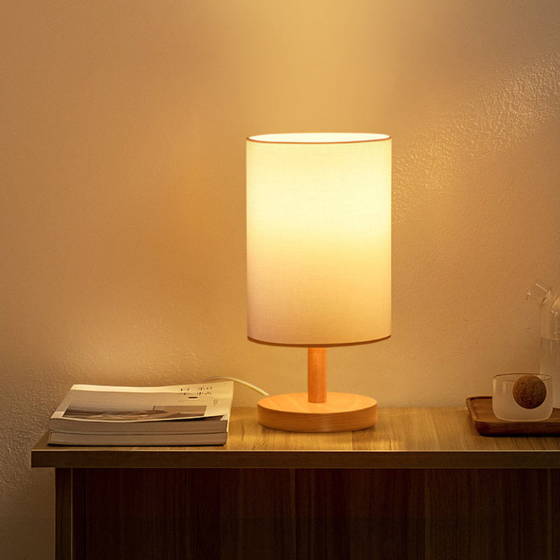 Skorter | Traditional Japanese Cylinder Wood Fabric 1-Light Table Lamp for the Living Room