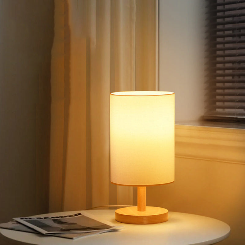 Skorter | Traditional Japanese Cylinder Wood Fabric 1-Light Table Lamp for the Living Room