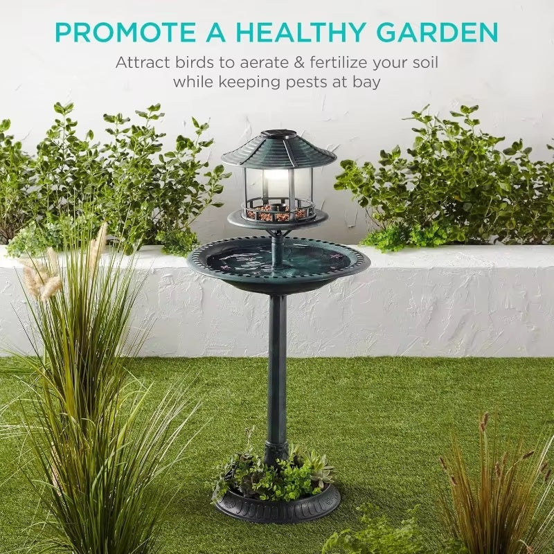 Skorter | Solar-Powered Bird Bath on Stand with Built-In Planter & LED Lamp