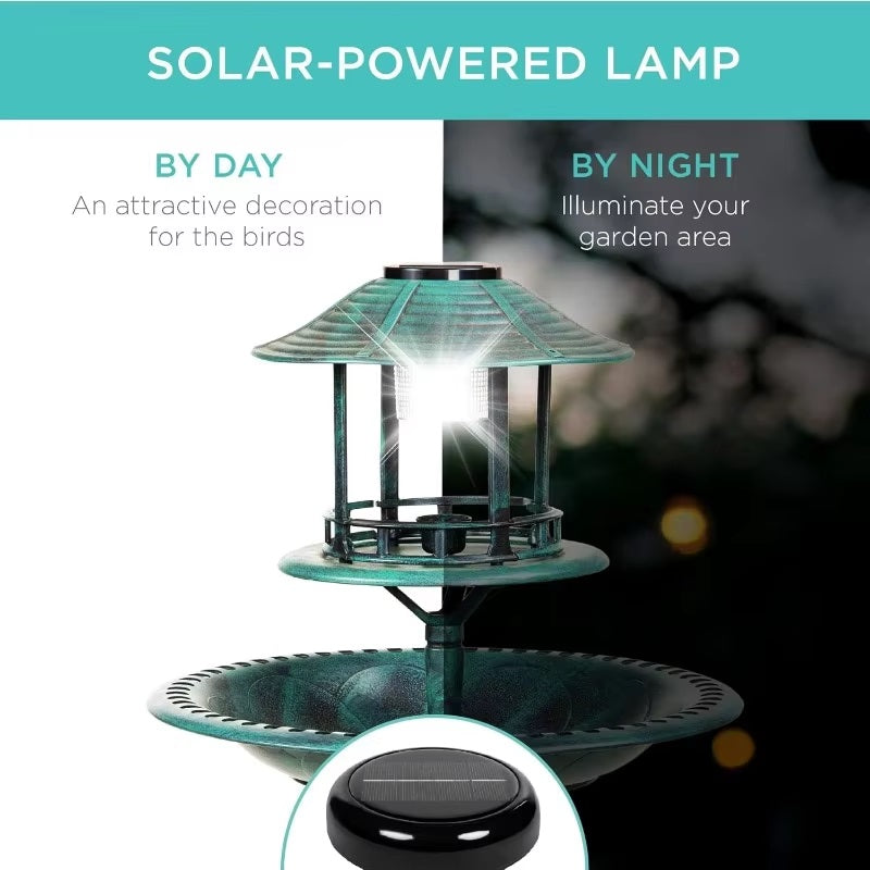 Skorter | Solar-Powered Bird Bath on Stand with Built-In Planter & LED Lamp