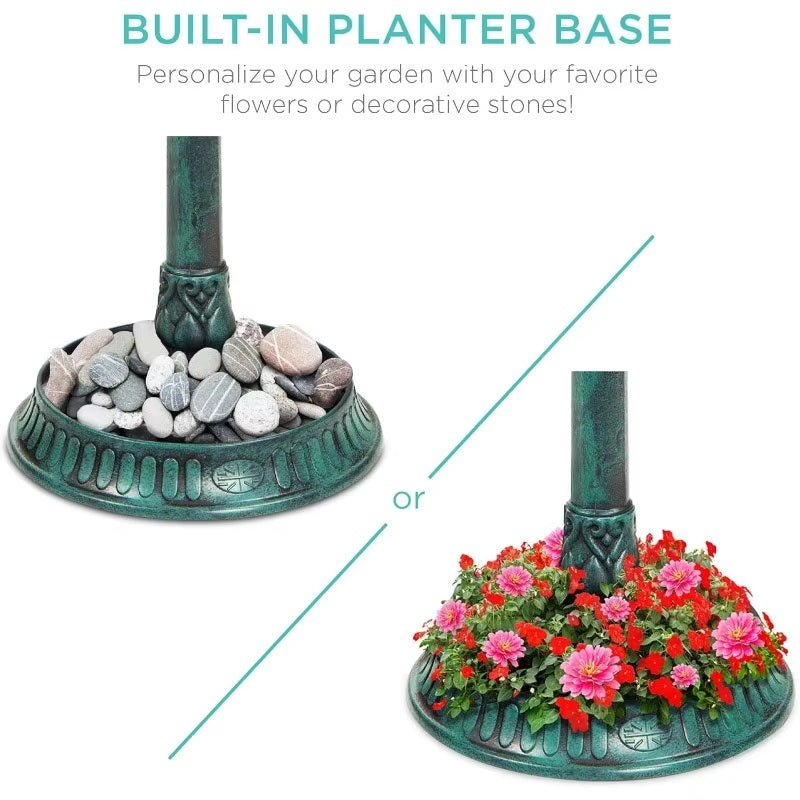 Skorter | Solar-Powered Bird Bath on Stand with Built-In Planter & LED Lamp