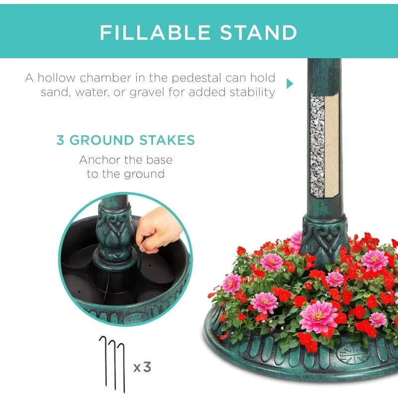 Skorter | Solar-Powered Bird Bath on Stand with Built-In Planter & LED Lamp