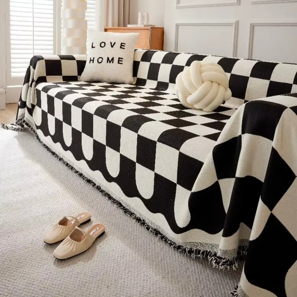 Skorter | Chess Board Chic Tasseled Sofa Cover