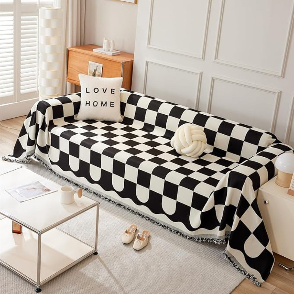 Skorter | Chess Board Chic Tasseled Sofa Cover