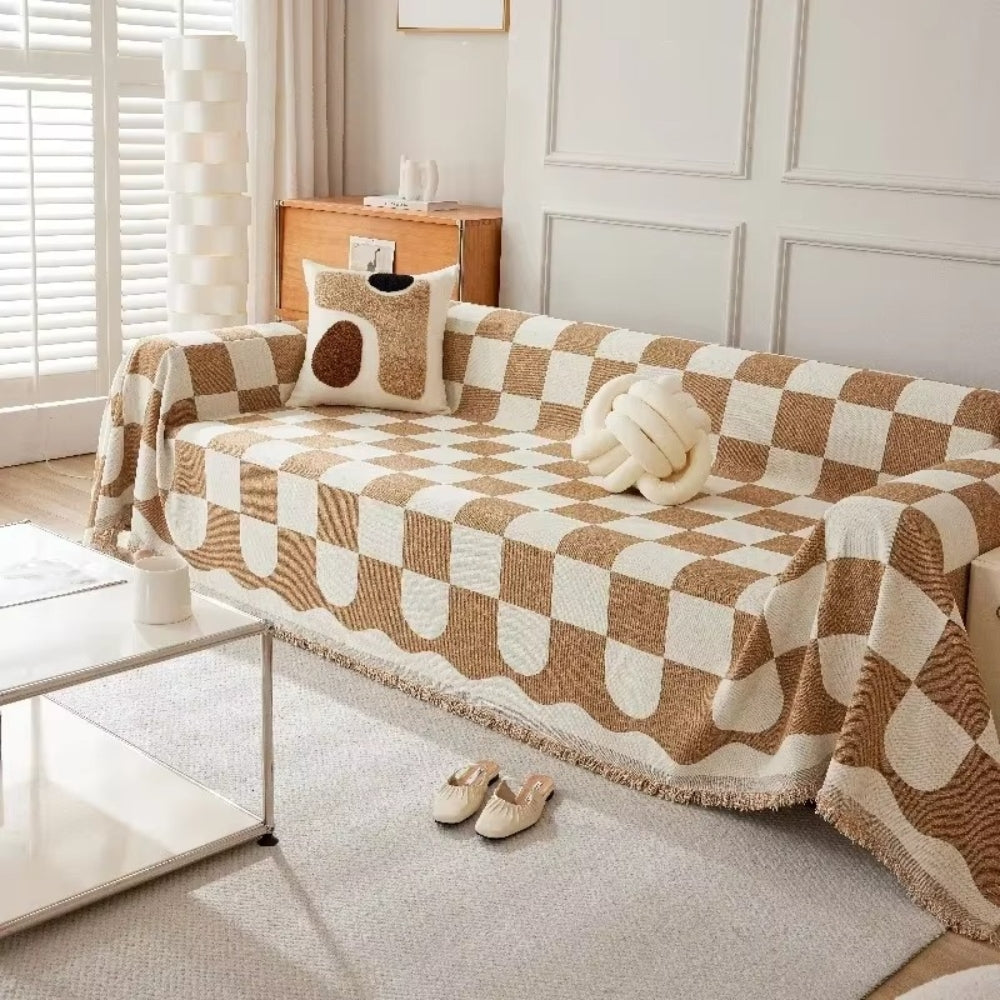 Skorter | Chess Board Chic Tasseled Sofa Cover
