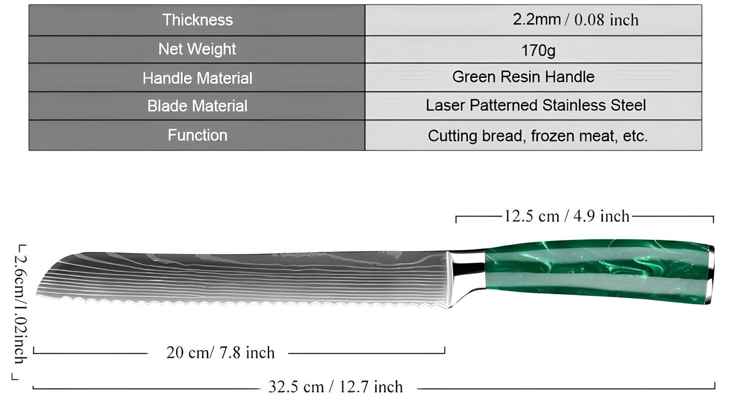 Skorter professional bread knife with handle in green resin