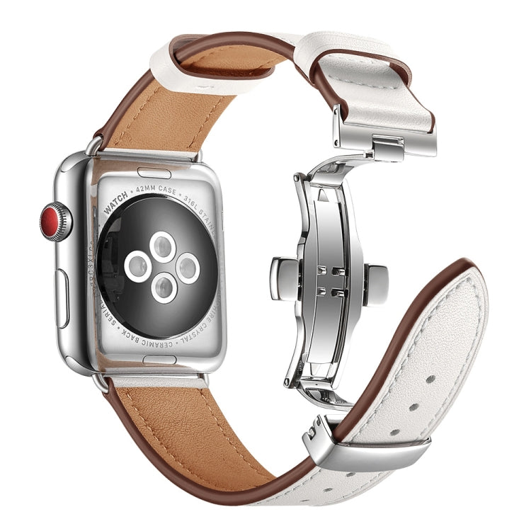 Skorter | Genuine Leather + Butterfly Silver Buckled Bracelet for Apple Watch Series 7 45mm / 6 & SE & 5 & 4 44mm / 3 & 2 & 1 42mm (White)