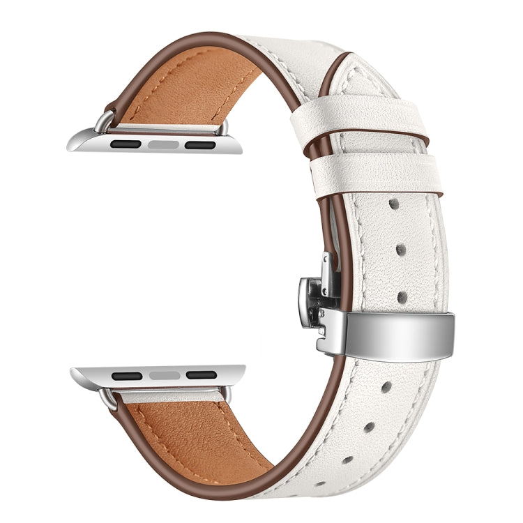 Skorter | Genuine Leather + Butterfly Silver Buckled Bracelet for Apple Watch Series 7 45mm / 6 & SE & 5 & 4 44mm / 3 & 2 & 1 42mm (White)