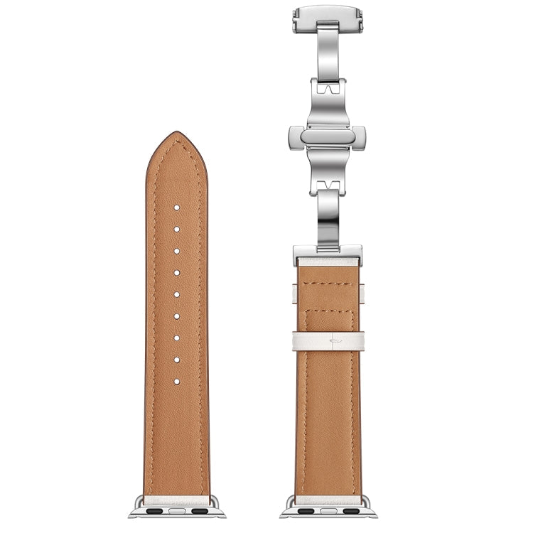 Skorter | Genuine Leather + Butterfly Silver Buckled Bracelet for Apple Watch Series 7 45mm / 6 & SE & 5 & 4 44mm / 3 & 2 & 1 42mm (White)