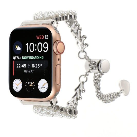 Skorter | For Apple Watch SE 2023 40mm Pearl Round Zinc Alloy Chain Metal Watch Band (Silver)
