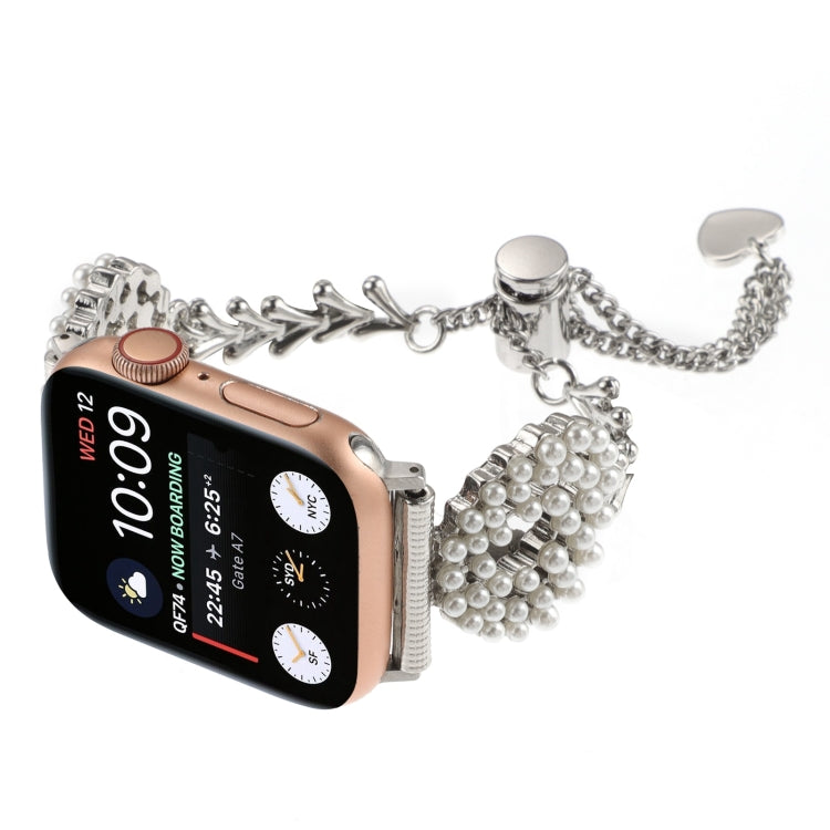 Skorter | For Apple Watch SE 2023 40mm Pearl Round Zinc Alloy Chain Metal Watch Band (Silver)