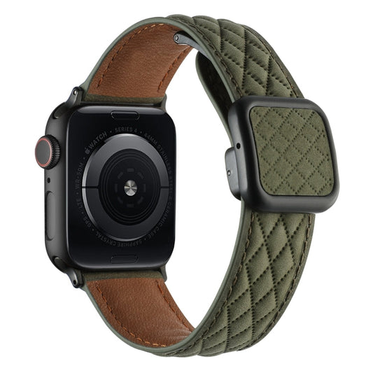 Skorter | For Apple Watch SE 2023 44mm Diamond Pattern Magnetic Square Buckle Leather Strap (Army Green)
