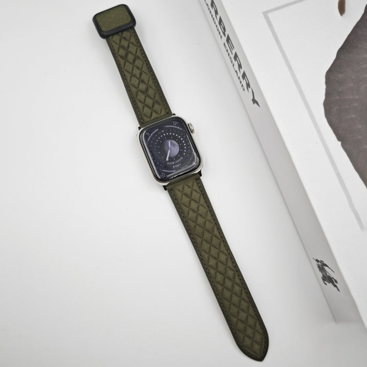 Skorter | For Apple Watch SE 2023 44mm Diamond Pattern Magnetic Square Buckle Leather Strap (Army Green)