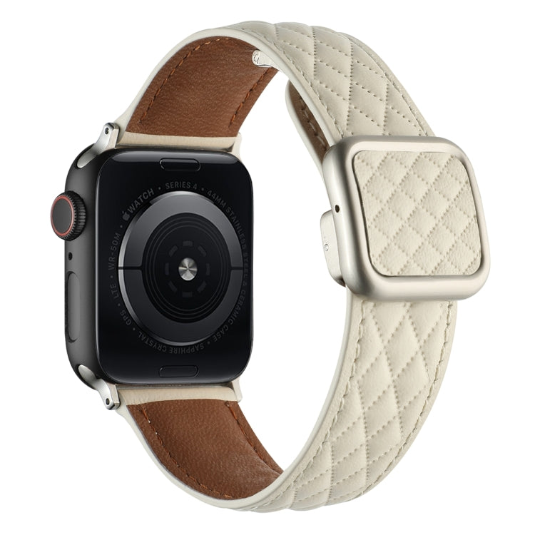Skorter | For Apple Watch SE 2023 44mm Diamond Pattern Magnetic Square Buckle Leather Band (Creamy White)