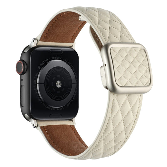 Skorter | For Apple Watch SE 2023 44mm Diamond Pattern Magnetic Square Buckle Leather Band (Creamy White)