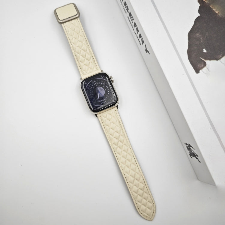 Skorter | For Apple Watch SE 2023 44mm Diamond Pattern Magnetic Square Buckle Leather Band (Creamy White)